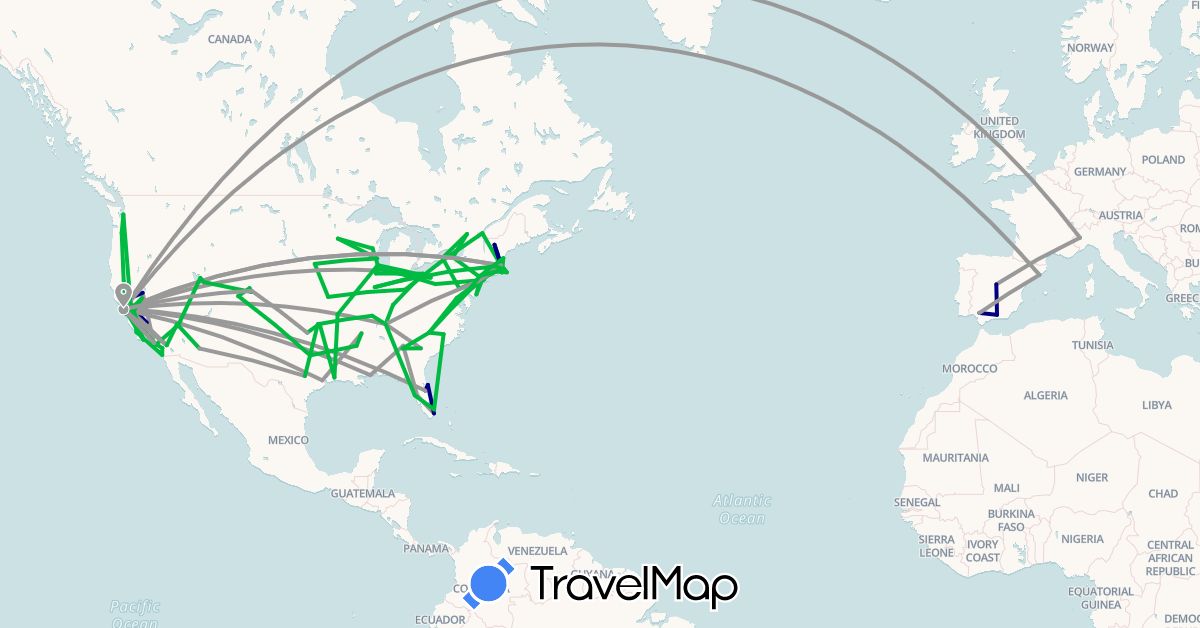 TravelMap itinerary: driving, bus, plane in Canada, Spain, Italy, United States (Europe, North America)